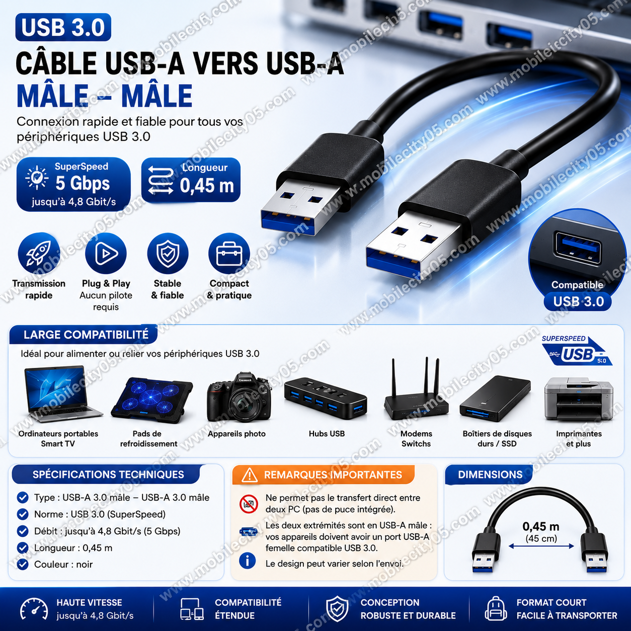 Câble USB 3.0 Type A Mâle ↔ Type A Mâle – Court O.45 cm
