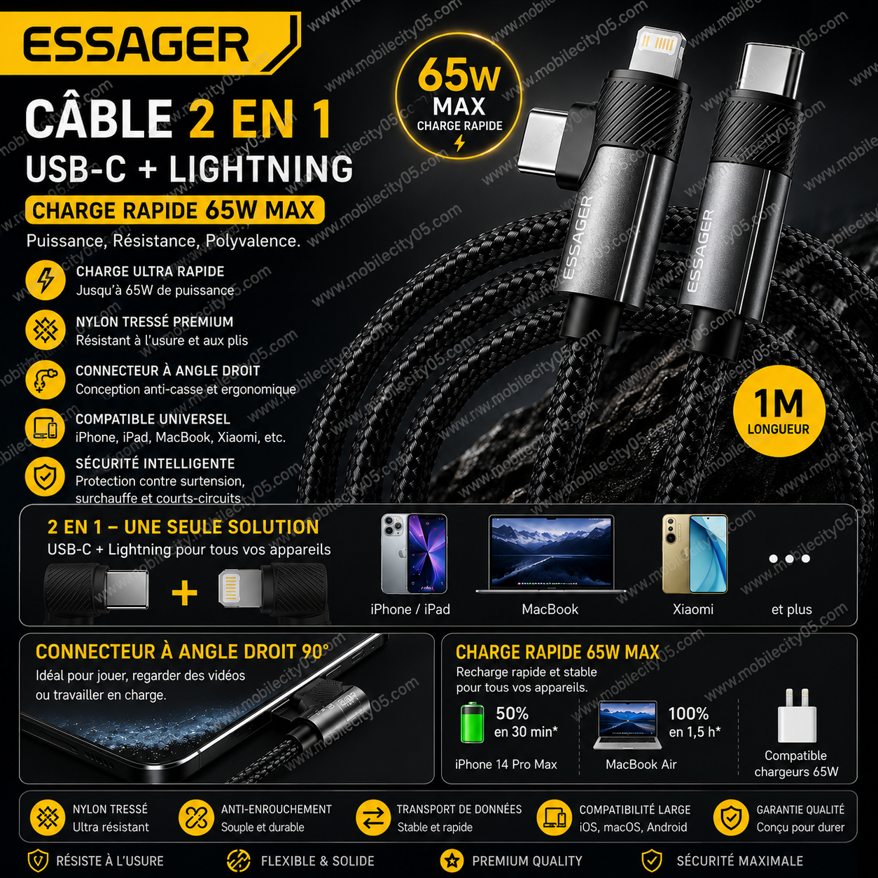 Câble USB-C ESSAGER 65W 2 en 1 Nylon Tressé Noir