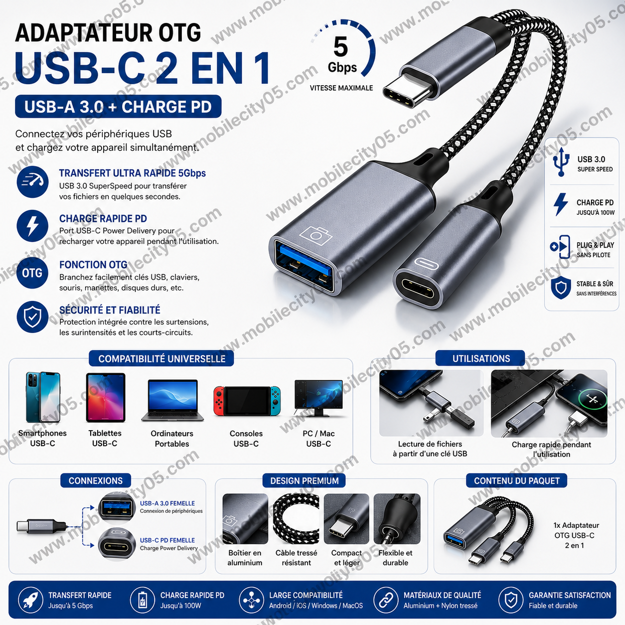 Câble OTG USB Type-C 2 en 1 – Adaptateur USB-C vers USB-A 3.0 avec port de charge PD