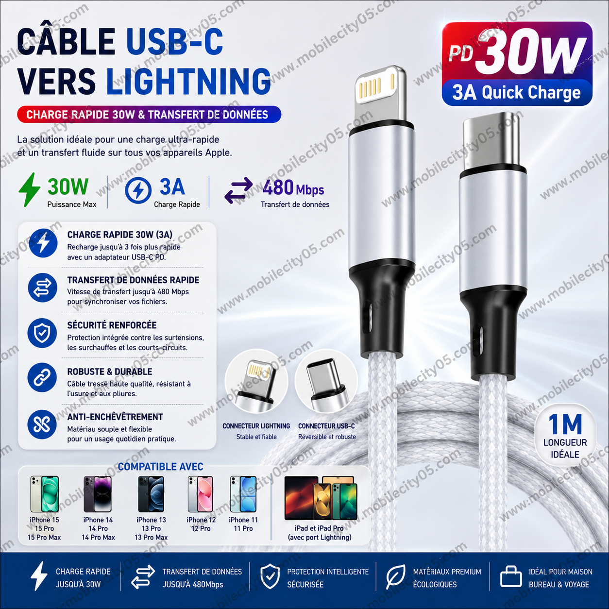 Câble USB-C vers Lightning – 30W 3A
