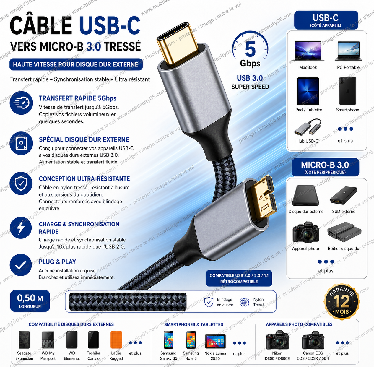 NIERBO Câble USB-C vers Micro-B 3.0 Tressé – Haute vitesse pour disque dur externe