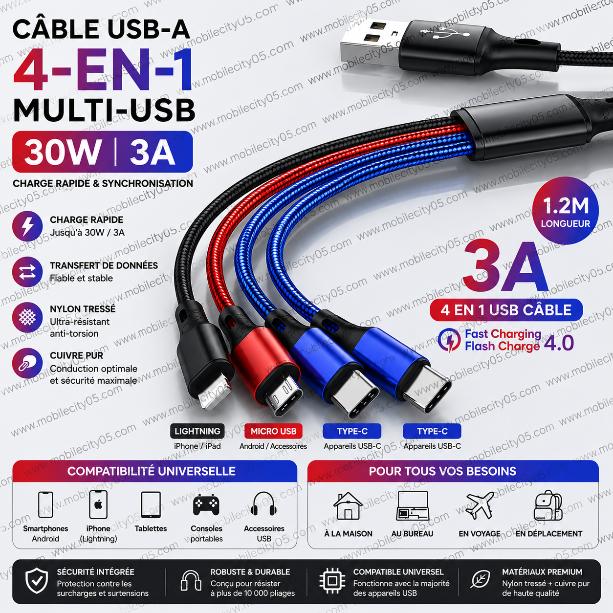 Câble USB-A 4-en-1 Multi-USB 30W 3A