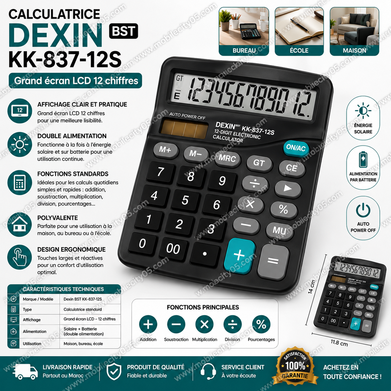 Calculatrice Dexin BST KK-837-12S – Grand écran LCD 12 chiffres