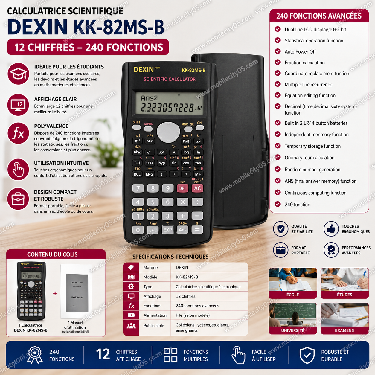 Calculatrice Scientifique DEXIN KK-82MS-B – 12 chiffres – 240 fonctions