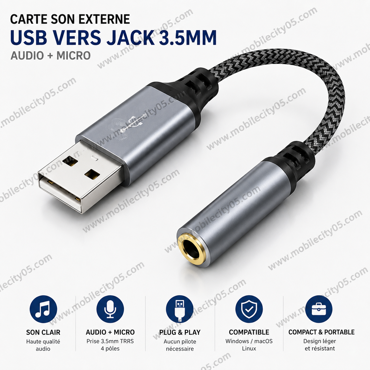 Carte son externe USB vers Jack 3.5mm – Adaptateur audio pour casque et micro