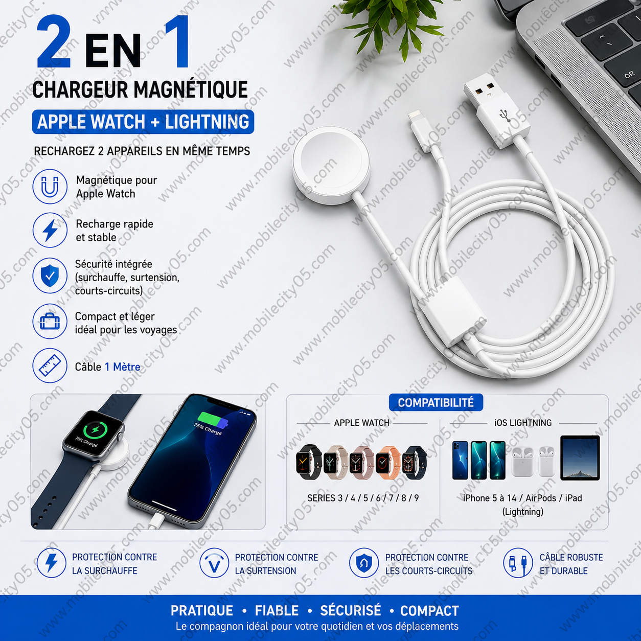 Chargeur 2 en 1 Magnétique Apple Watch / IOS