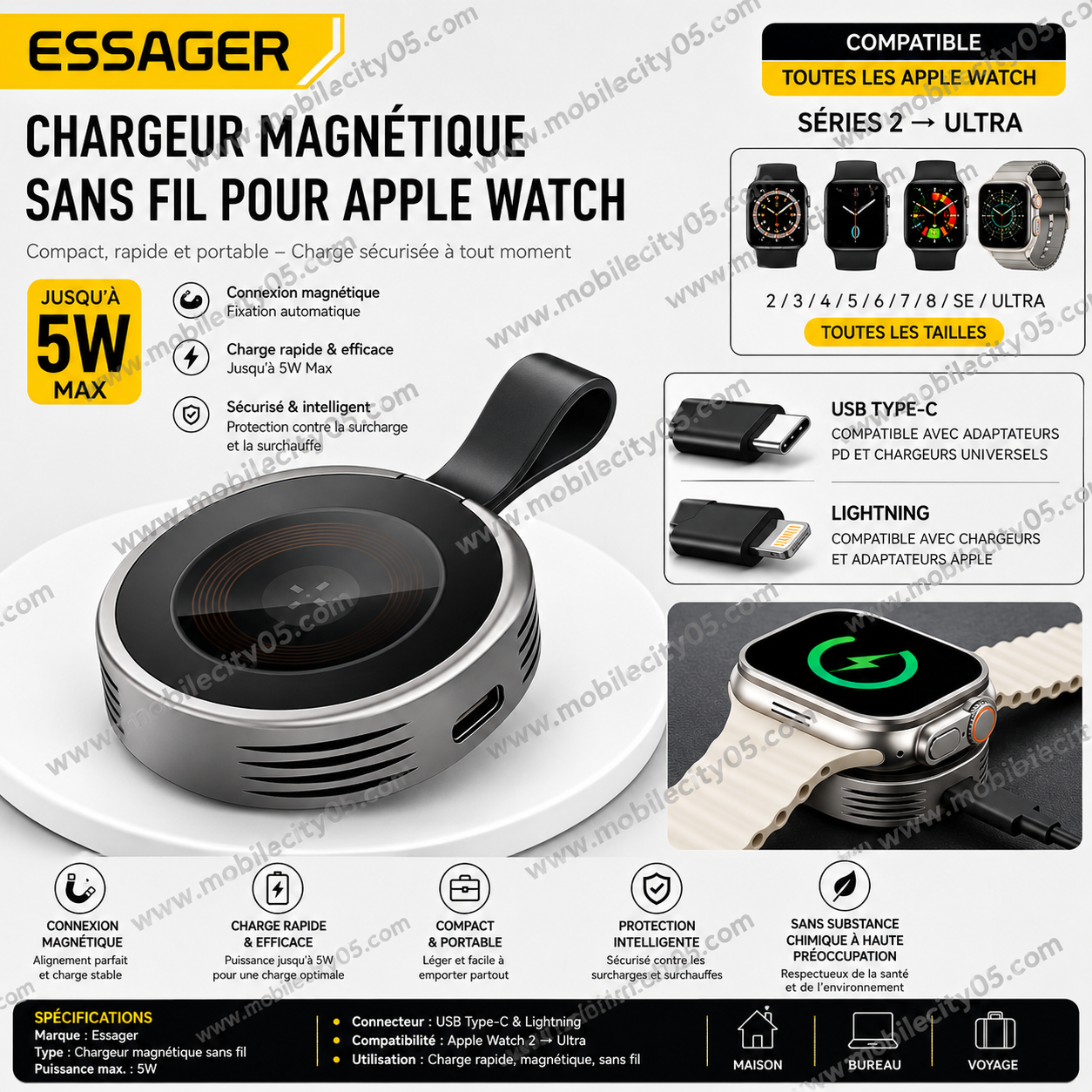 Chargeur Essager magnétique sans fil USB-C pour Apple Watch / iWatch Ultra