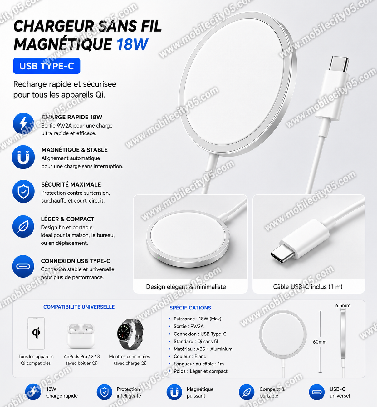 Chargeur sans fil magnétique USB Type-c 18W 9V iPhone/Google