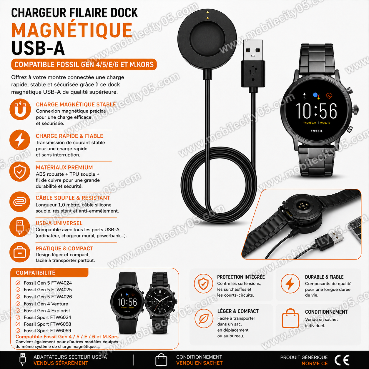 Chargeur Filaire Dock Magnétique USB-A – Compatible Fossil Gen 4/5/E/6 et M.Krs