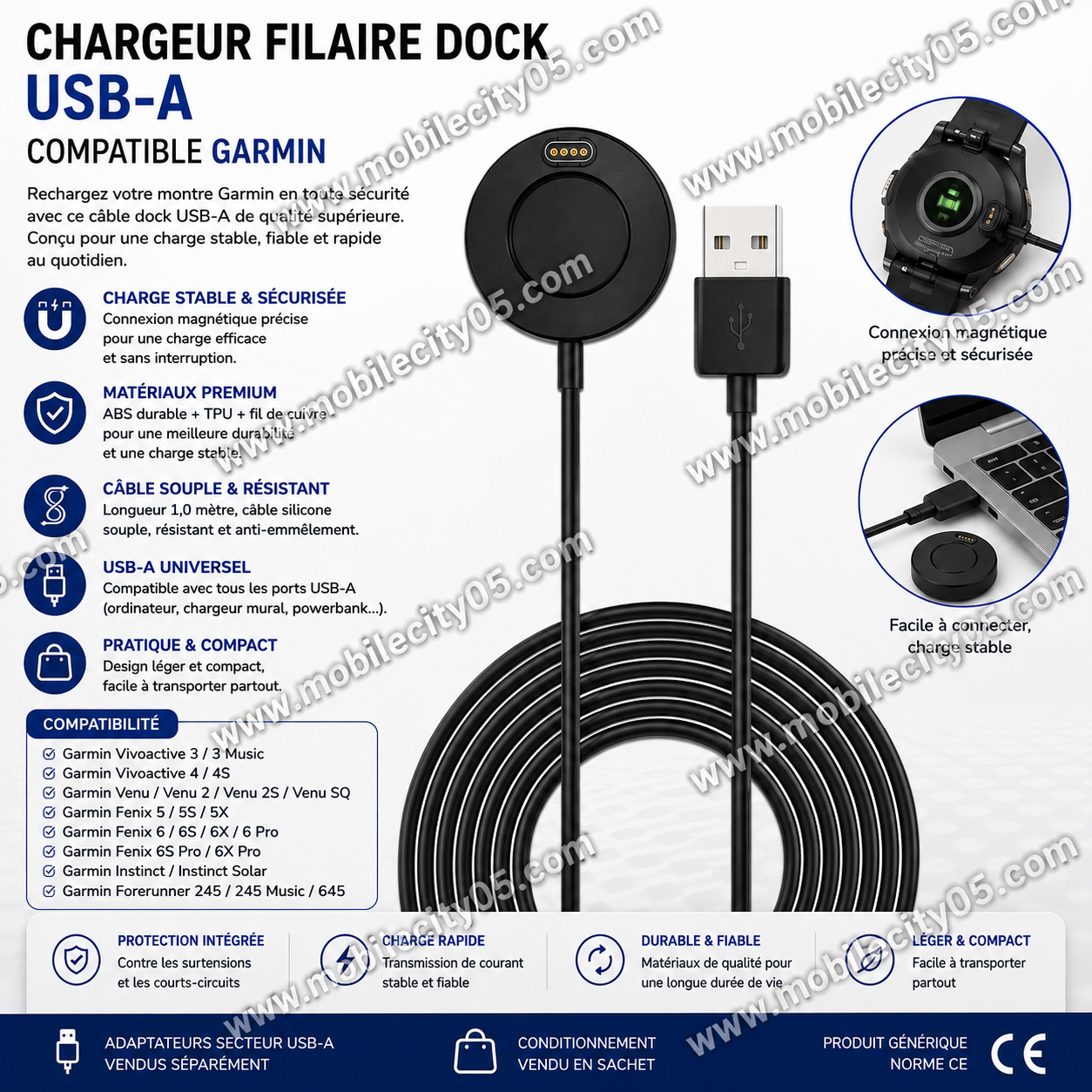 Chargeur Filaire Dock USB-A – Compatible Garmin Vivoactive / Venu / Fenix