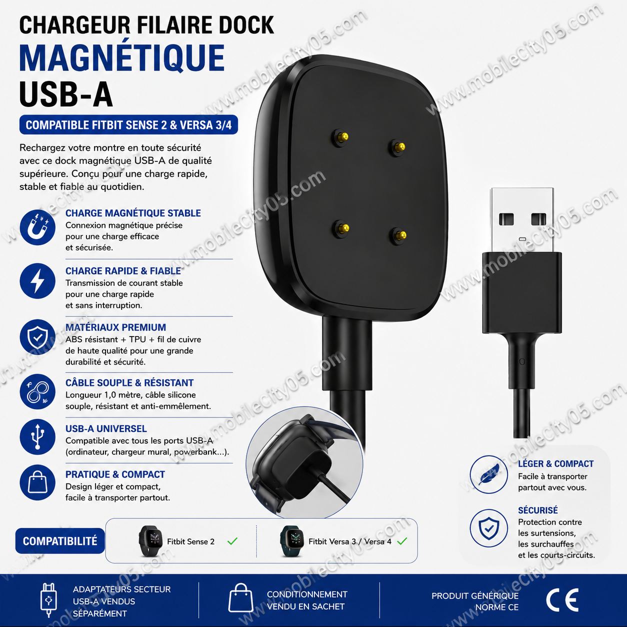 Chargeur Filaire Dock Magnétique USB-A – Compatible Fitbit Sense 2 & Versa 3/4