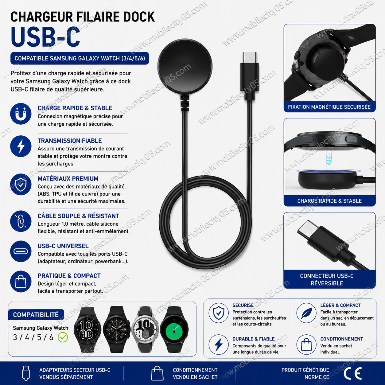 Chargeur Filaire Dock USB-C – Compatible Samsung Galaxy Watch (3/4/5/6)