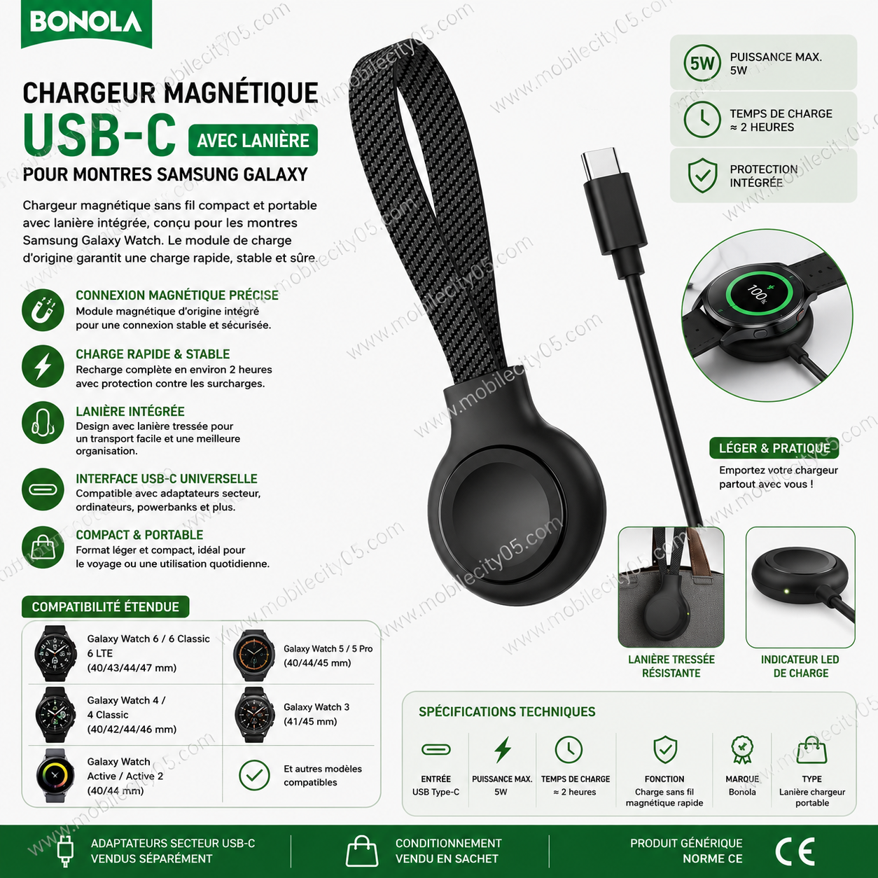 Chargeur magnétique USB-C Bonola  avec lanière pour montres Samsung Galaxy