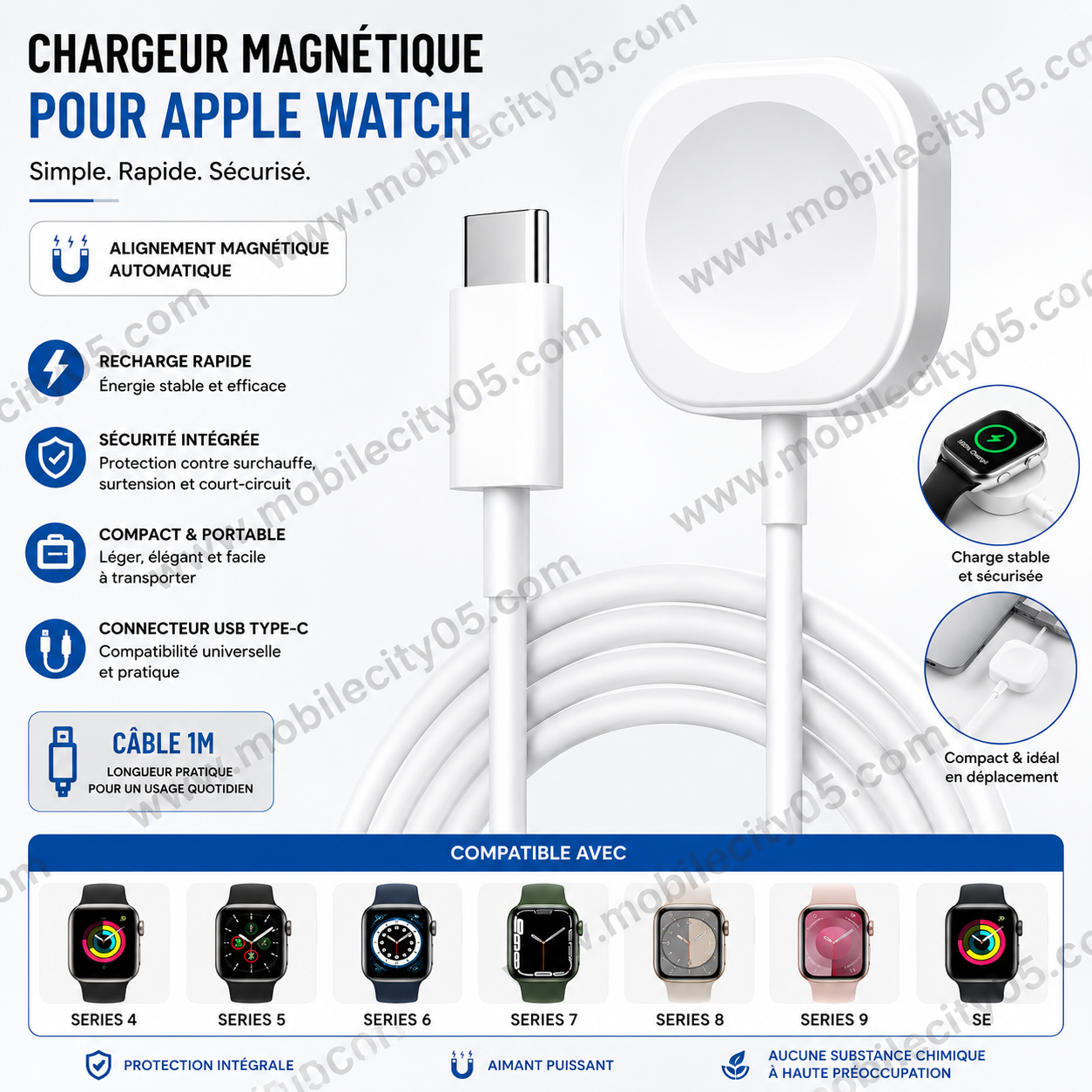 Chargeur magnétique carré -  iWatch Series 9, 8, 7, 6, 5, 4 et SE