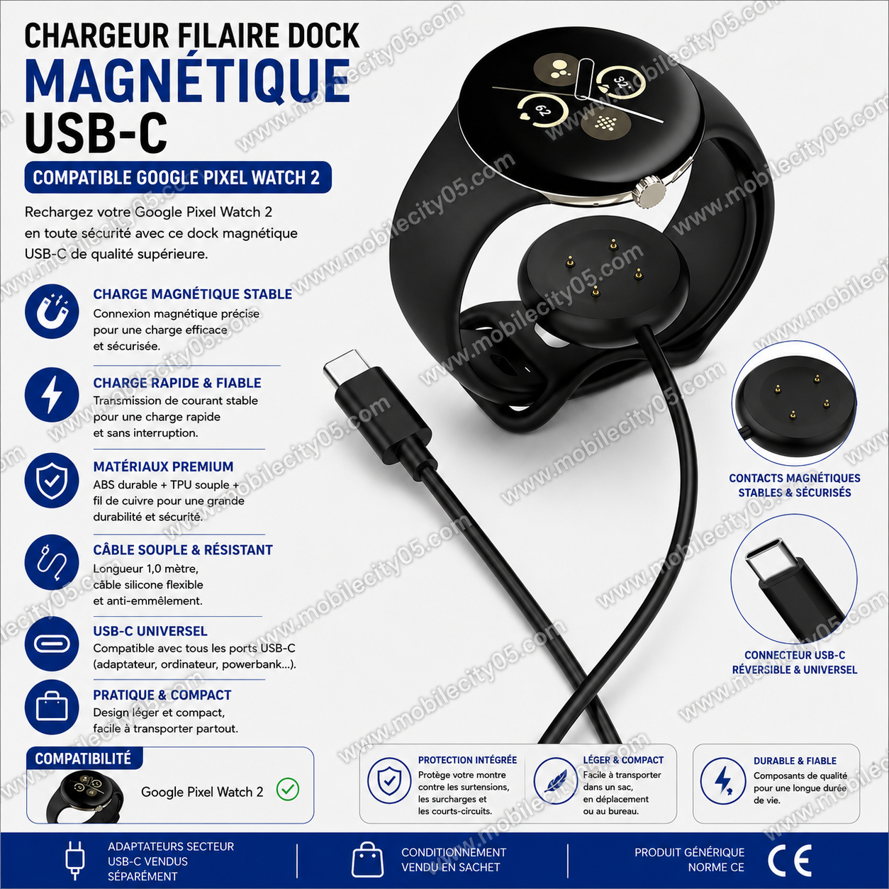 Chargeur Filaire Dock Magnétique USB-C – Compatible Google Pixel Watch 2