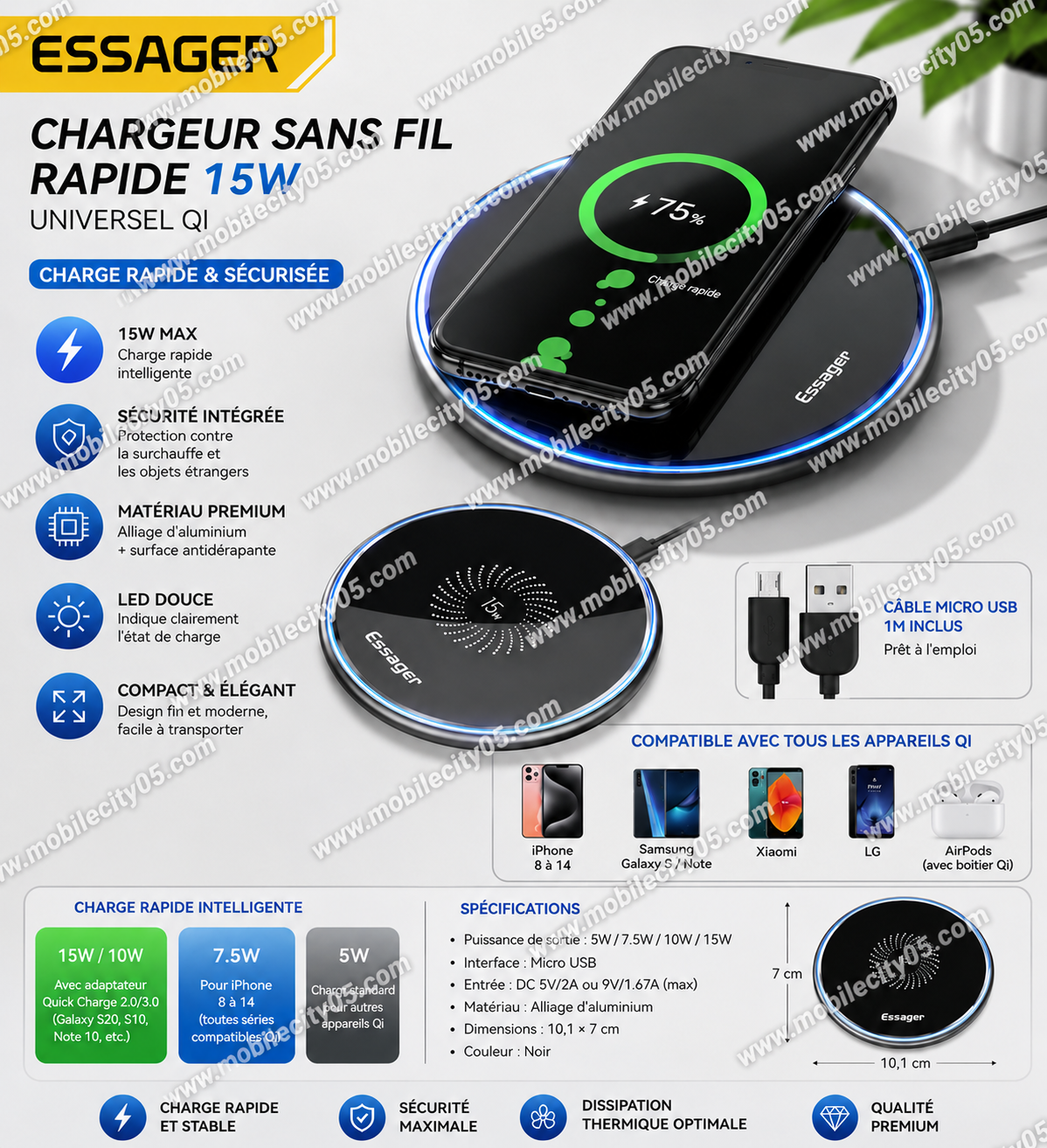Chargeur Essager sans fil rapide Qi 15W universel
