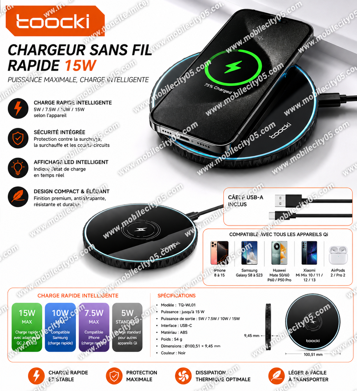 Chargeur sans fil rapide Toocki 15W
