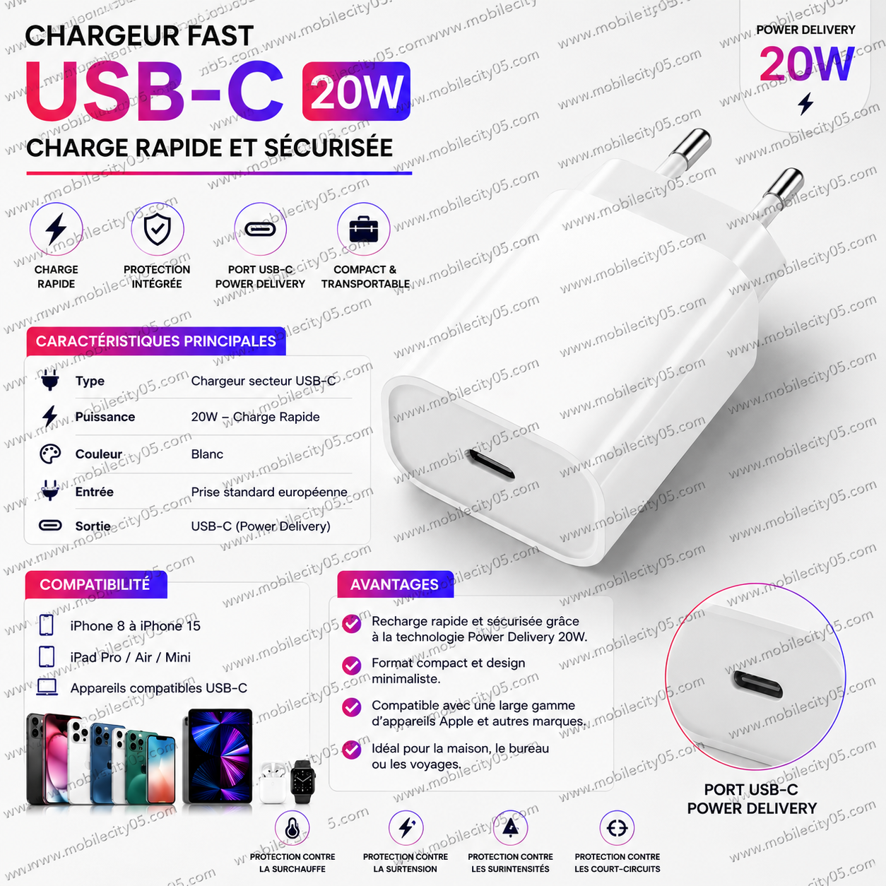 Chargeur Fast USB-C 20W – Blanc