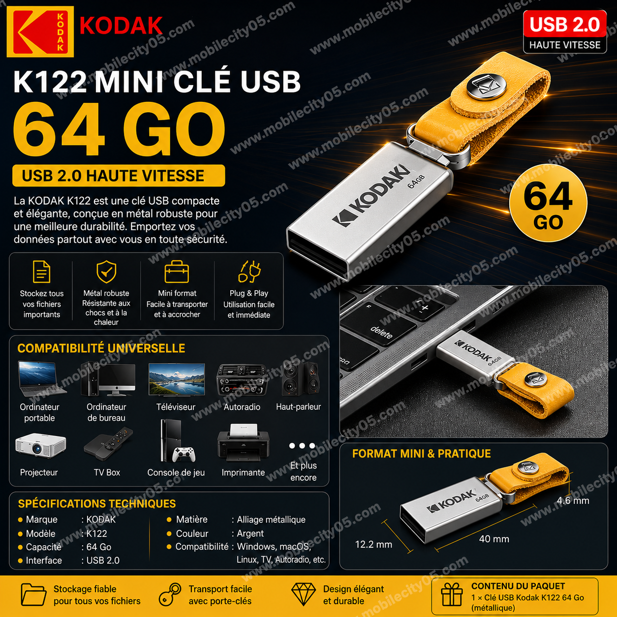 Kodak K122 – Mini Clé USB Métallique 64 Go – USB 2.0 Haute Vitesse