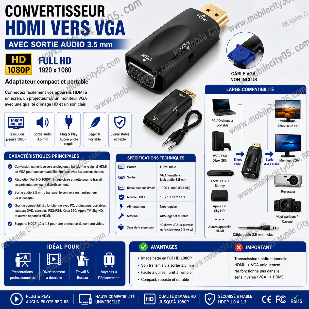 Convertisseur HDMI vers VGA avec sortie audio 3.5 mm – HD 1080P