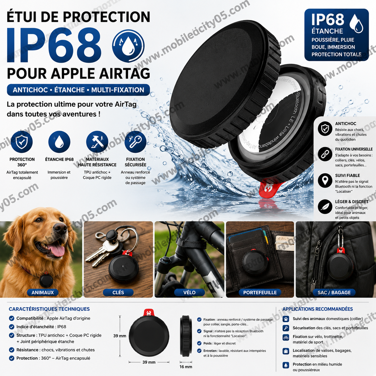 Étui de Protection IP68 pour Apple AirTag – Antichoc, Étanche, Multi-Fixation (Animaux, Vélo, Clés, Portefeuille)
