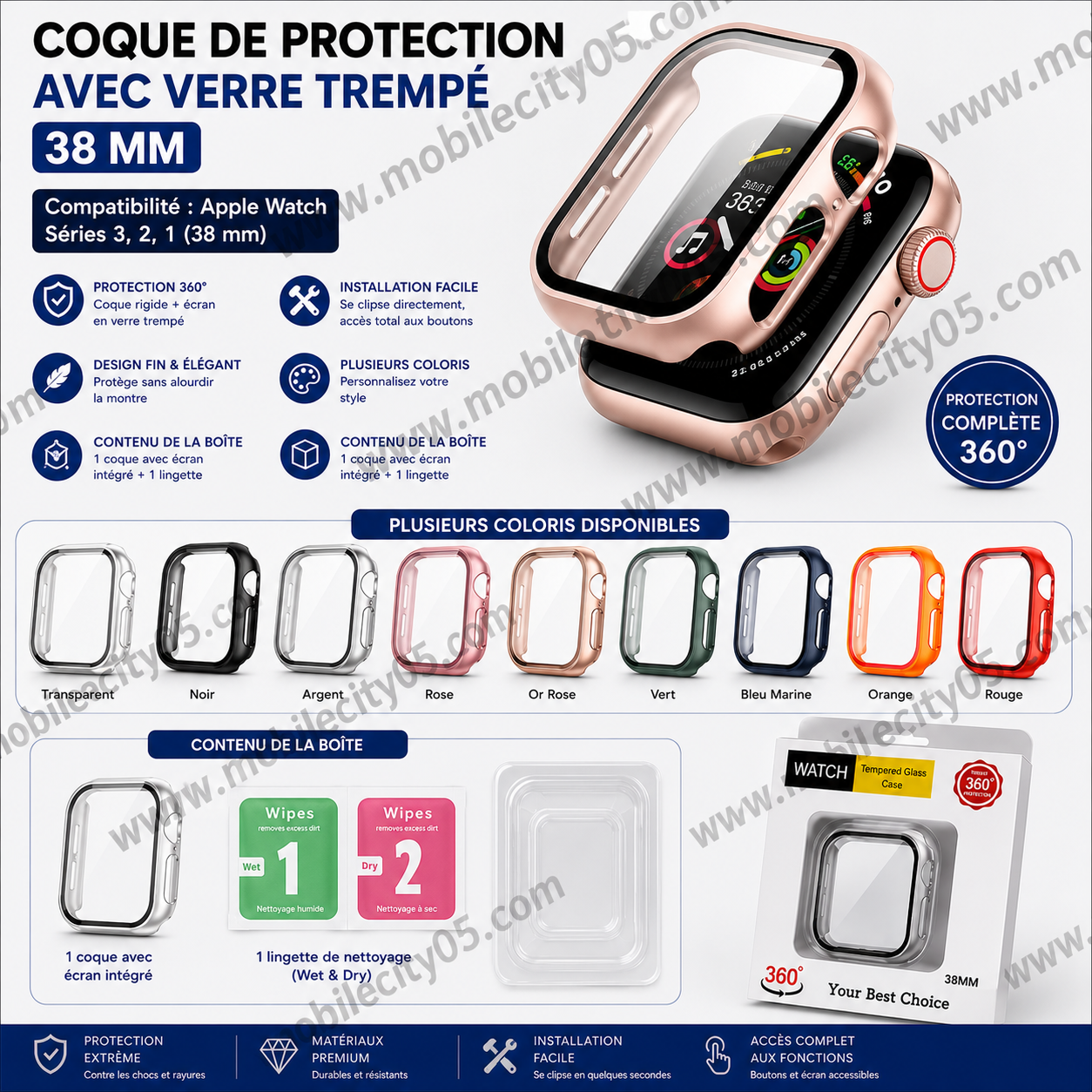 Coque de Protection avec Verre Trempé 38 mm (Séries 3, 2, 1)