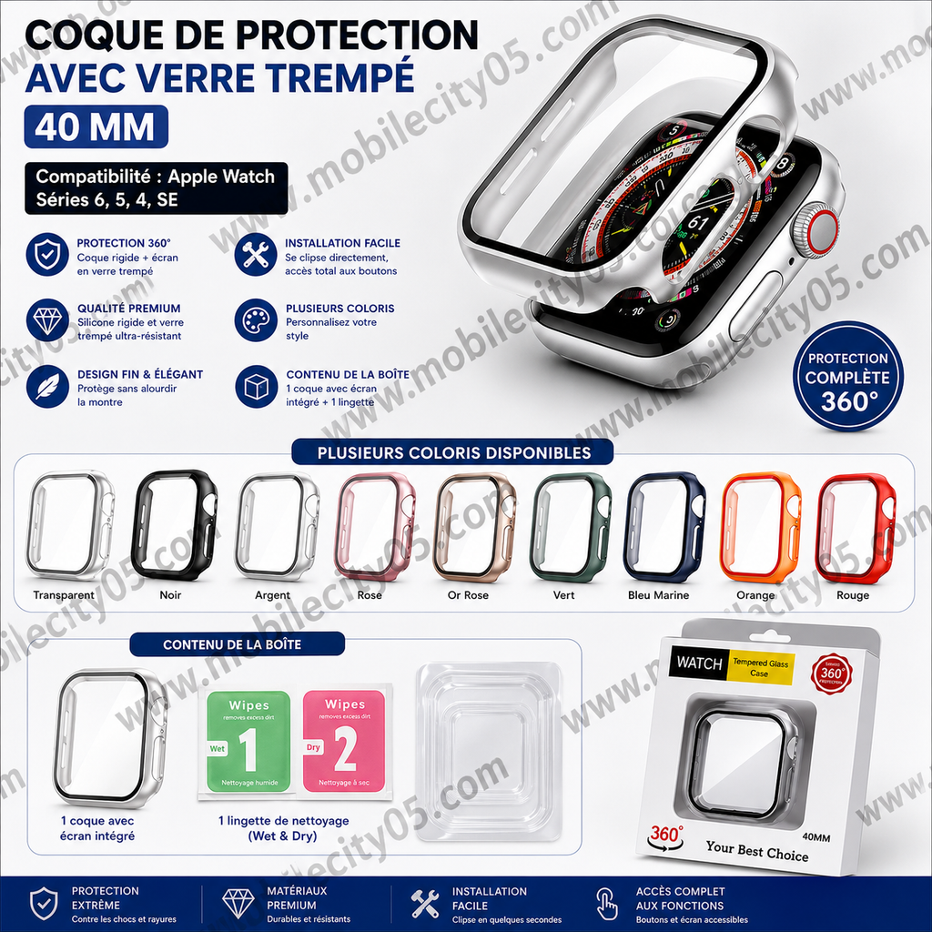 Coque de Protection avec Verre Trempé 40 mm (Séries 6, 5, 4, SE)