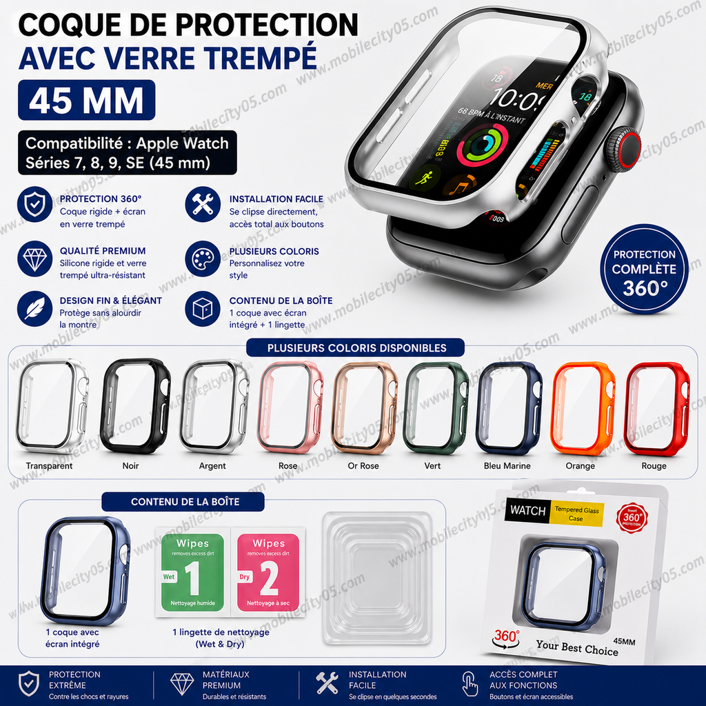Coque de Protection avec Verre Trempé 45 mm (Séries 7, 8, 9)