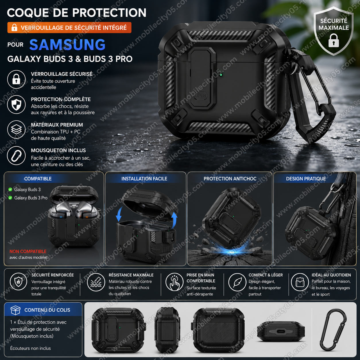 Coque de protection avec verrouillage de sécurité – Samsung Galaxy Buds 3 & Buds 3 Pro