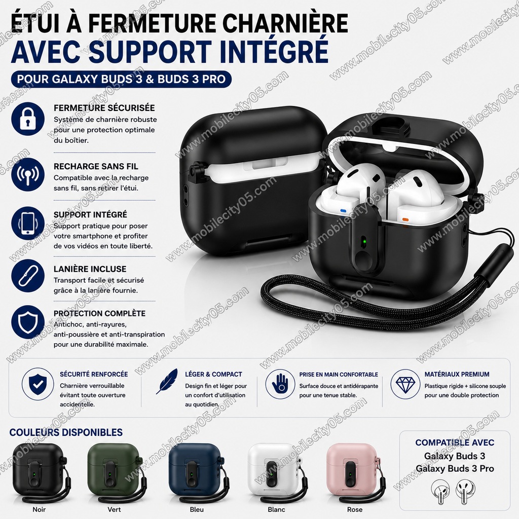 Étui à fermeture charnière avec support – Samsung Galaxy Buds 3 & Buds 3 Pro
