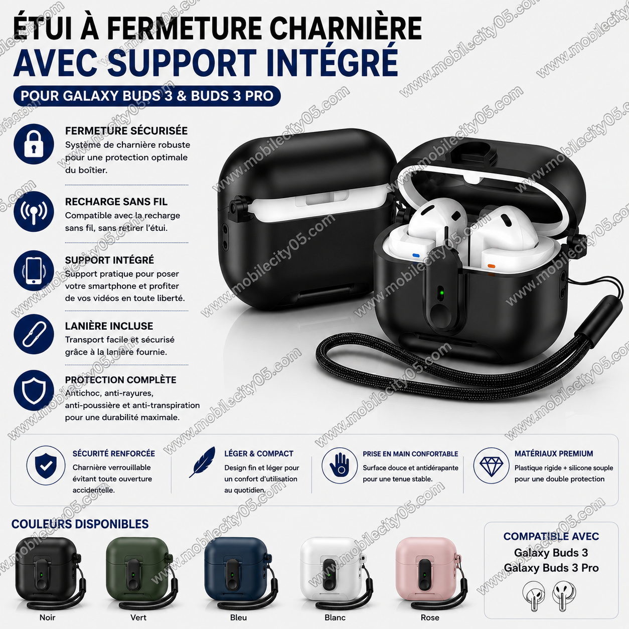 Étui à fermeture charnière avec support – Samsung Galaxy Buds 3 & Buds 3 Pro