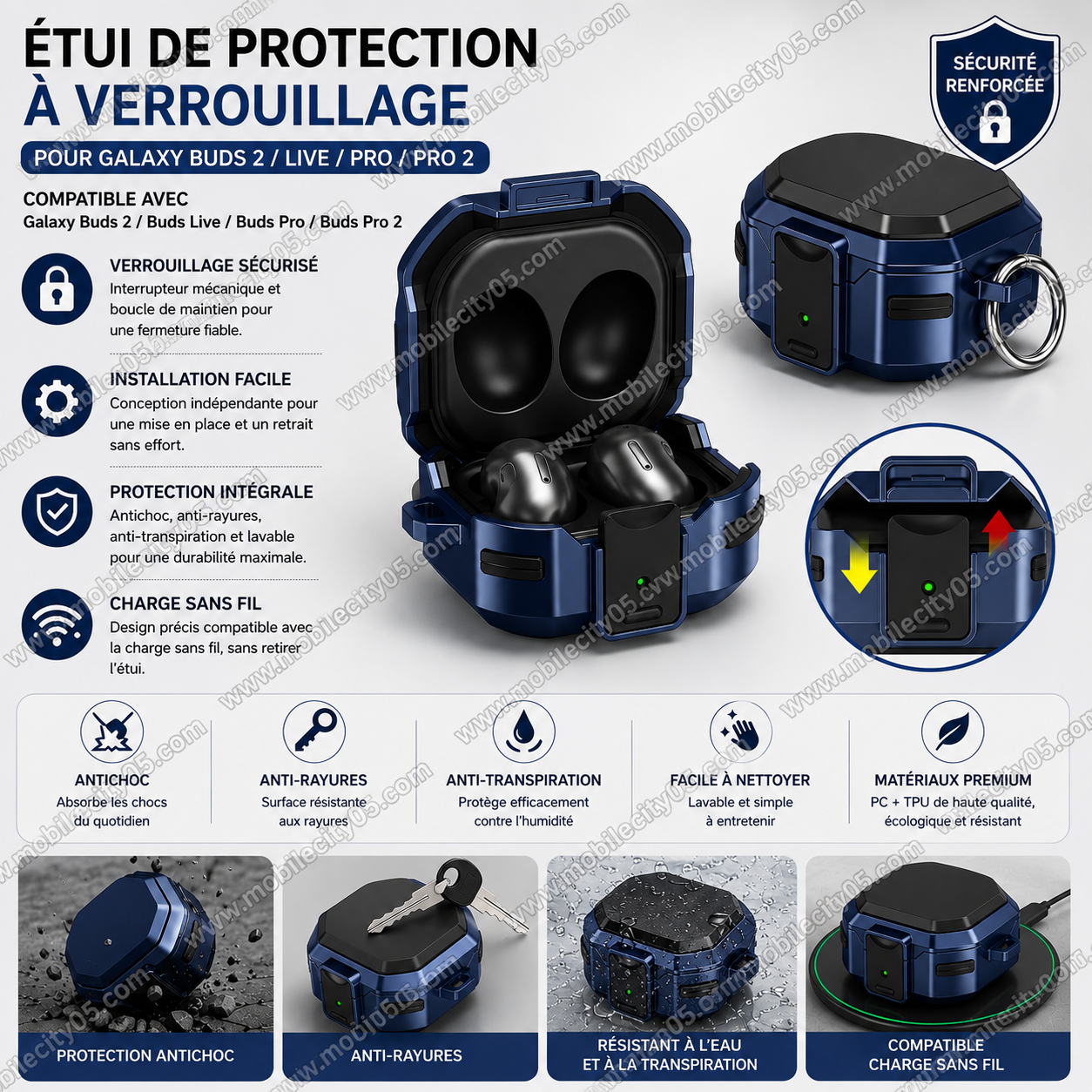 Étui de protection à verouillage – pour Galaxy Buds 2 / Live / Pro / Pro 2