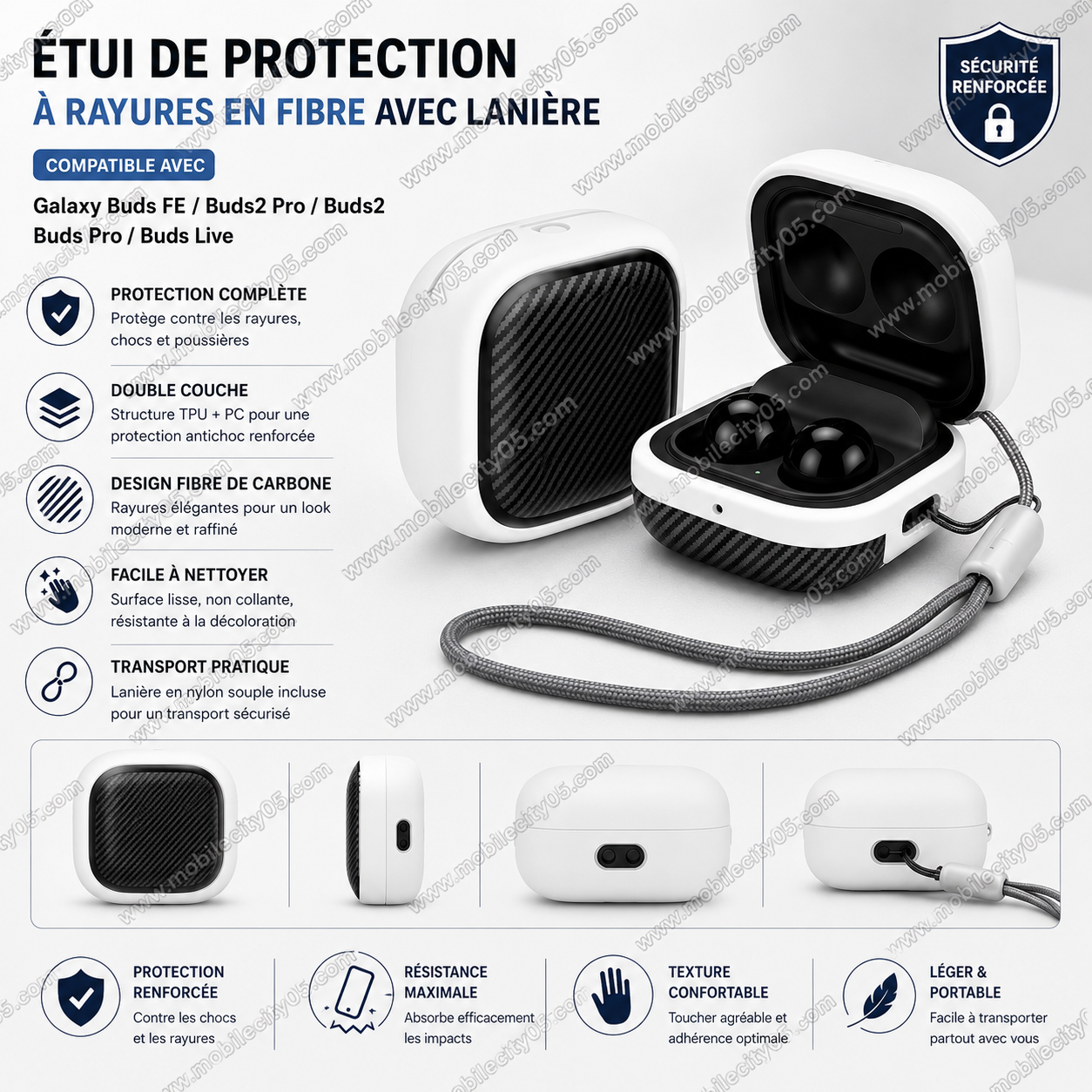 Étui de protection à rayures en fibre avec lanière – Samsung Galaxy Buds FE / Buds2 Pro / Buds2 / Buds Pro / Buds Live