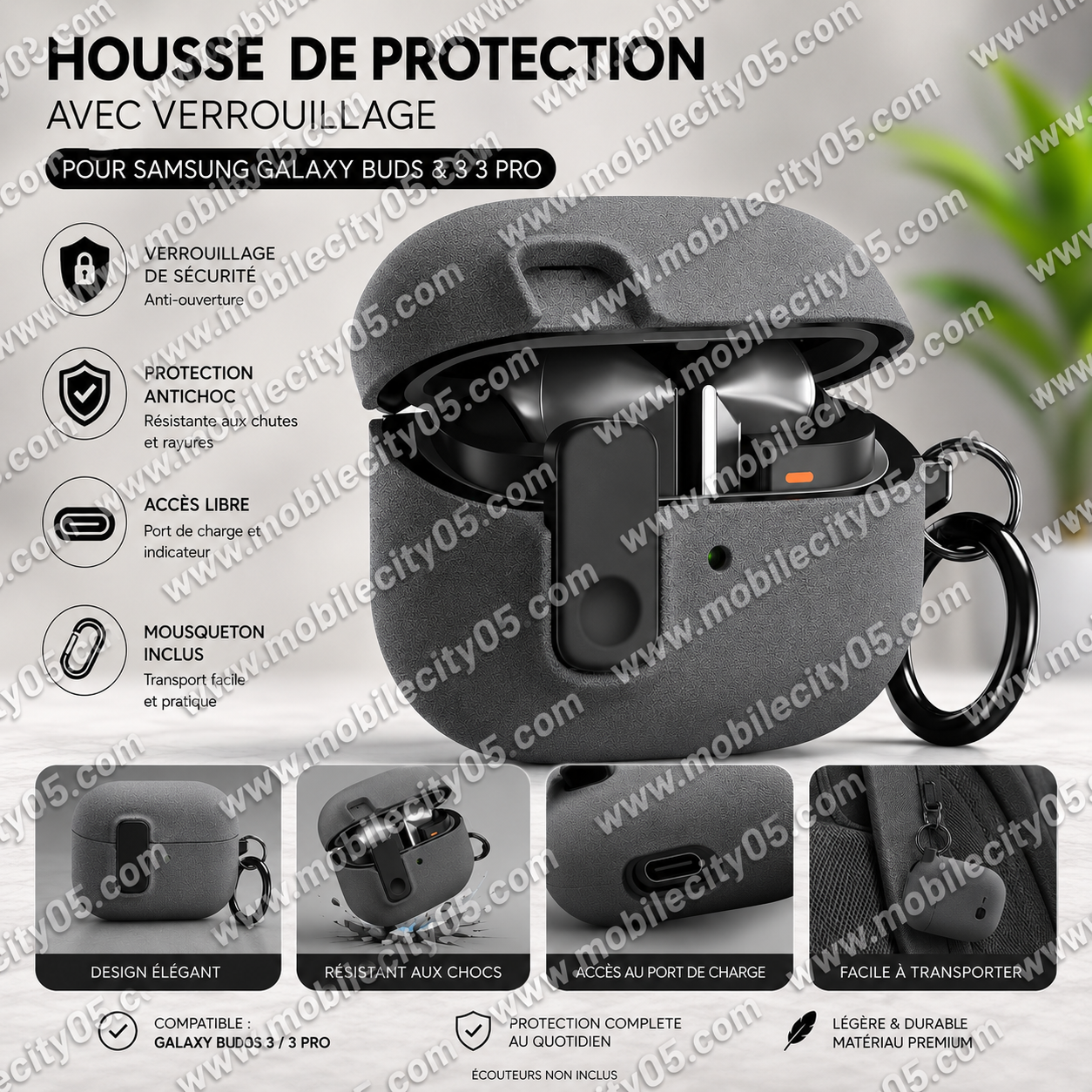 Housse de protection avec verrouillage – Samsung Galaxy Buds 3 & 3 Pro (Gris)