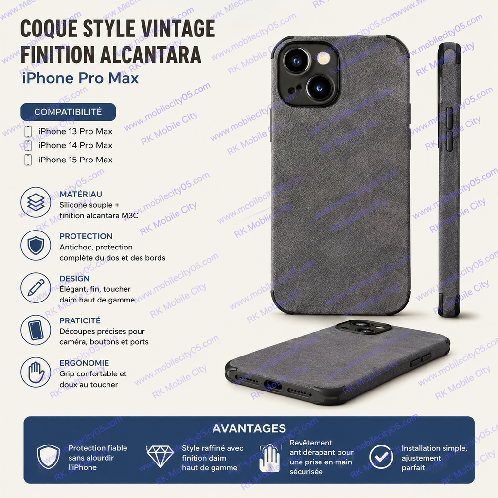 Coque style vintage finition alcantara iPhone Pro Max