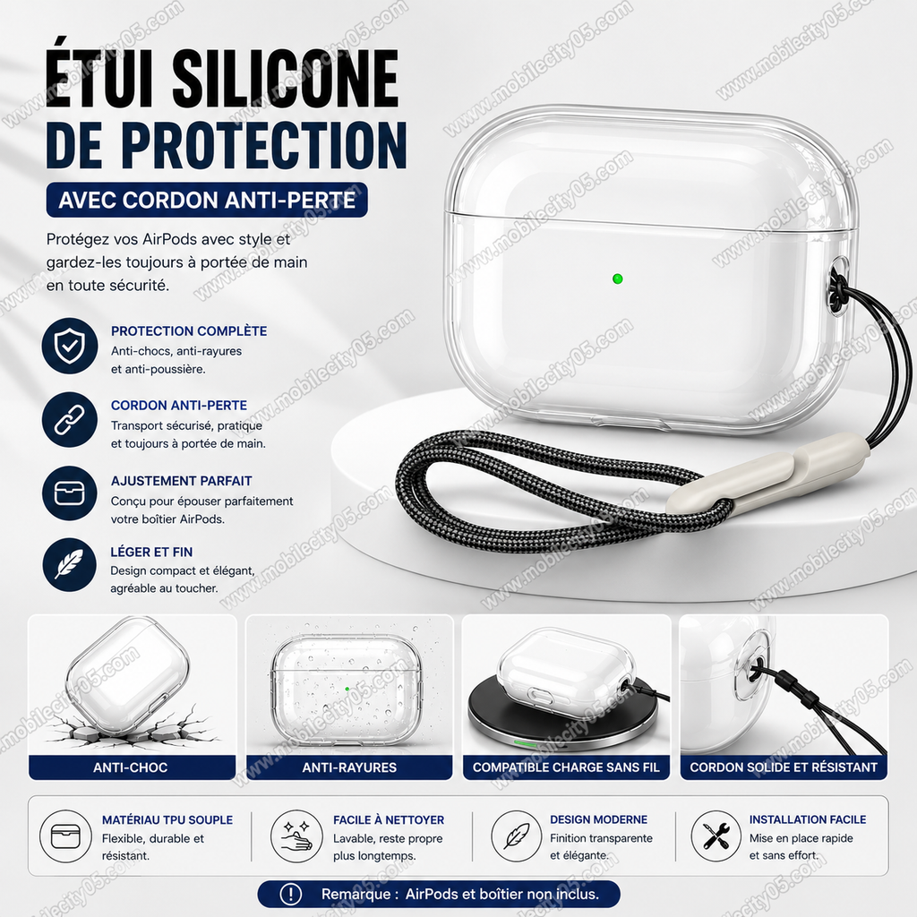 Étui silicone de Protection AirPods 2,3,4 avec Cordon Anti-Perte