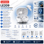 Lenovo LE209 – Écouteurs Bluetooth sans fil HiFi avec réduction de bruit ANC