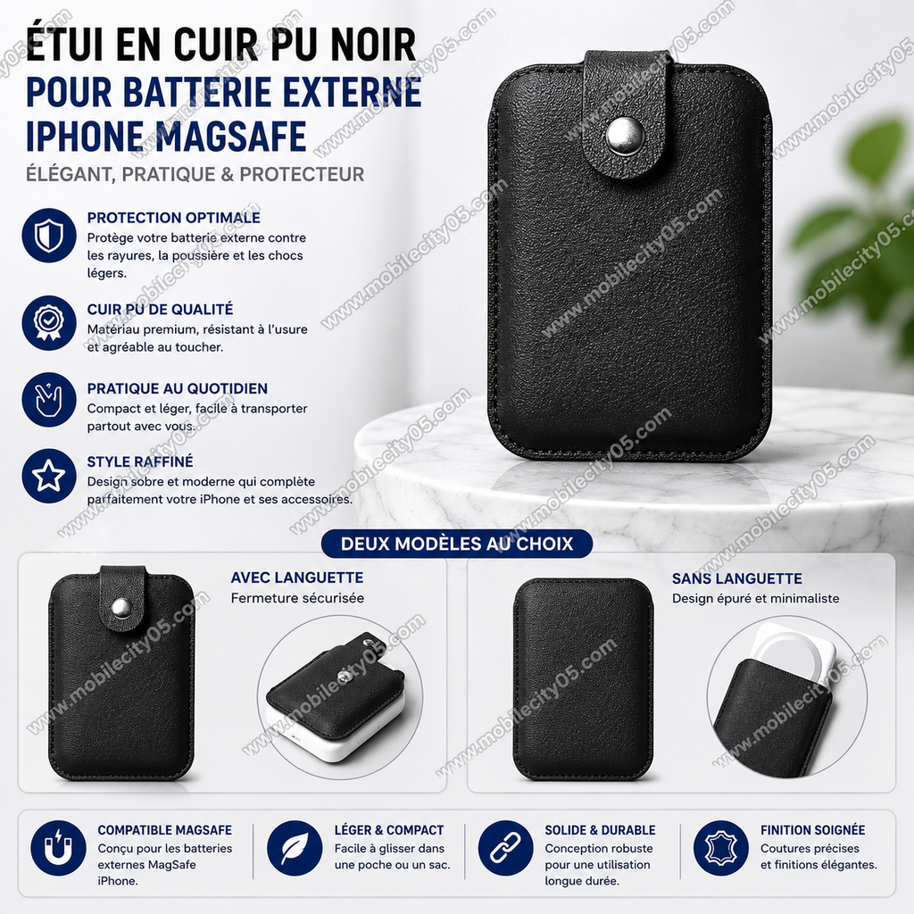 Étui en Cuir PU noir pour Batterie Externe iPhone MagSafe