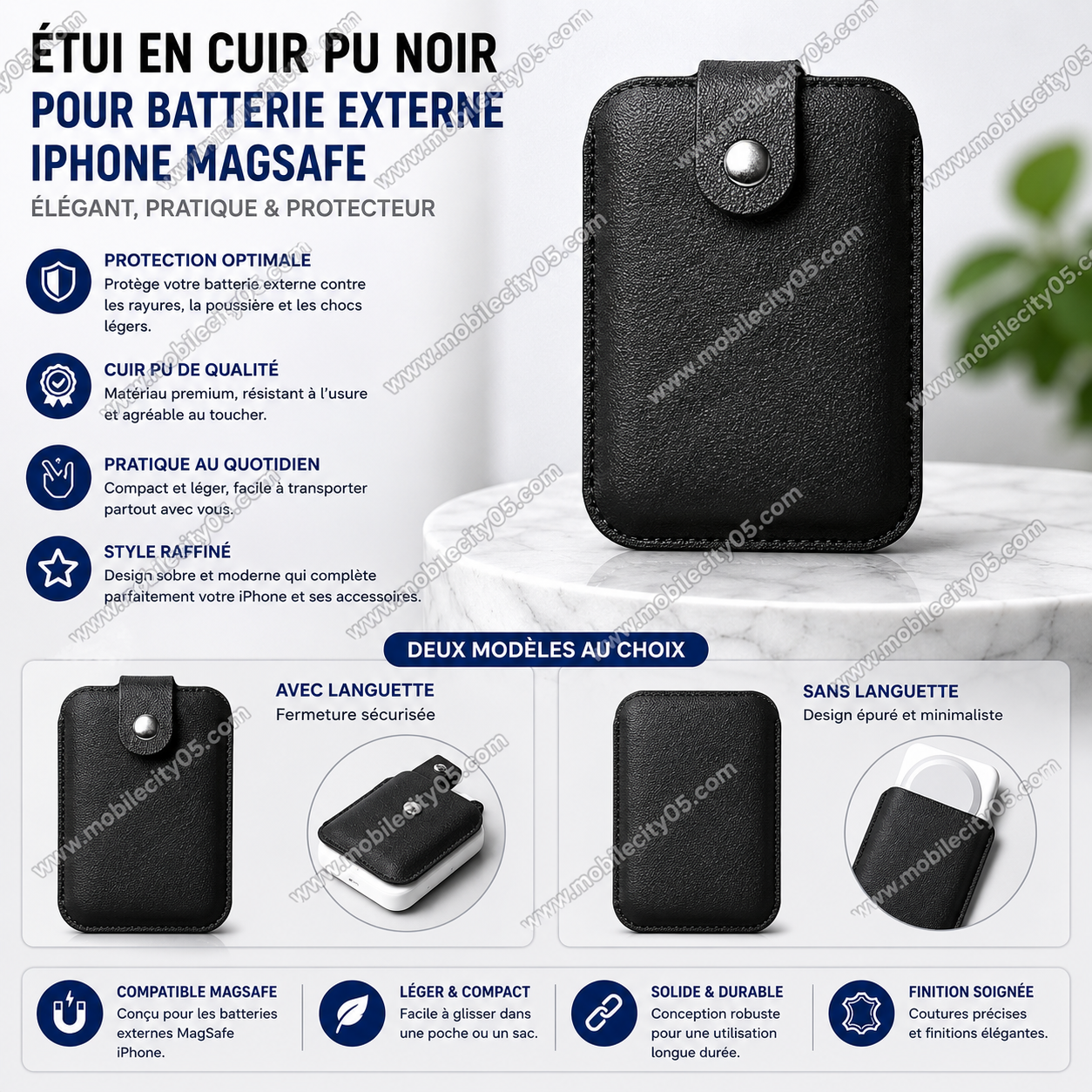 Étui en Cuir PU noir pour Batterie Externe iPhone MagSafe