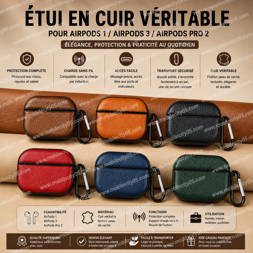 Étui en cuir véritable pour AirPods 1 / AirPods 3 / AirPods Pro 2 – Finition peau de vache texturée