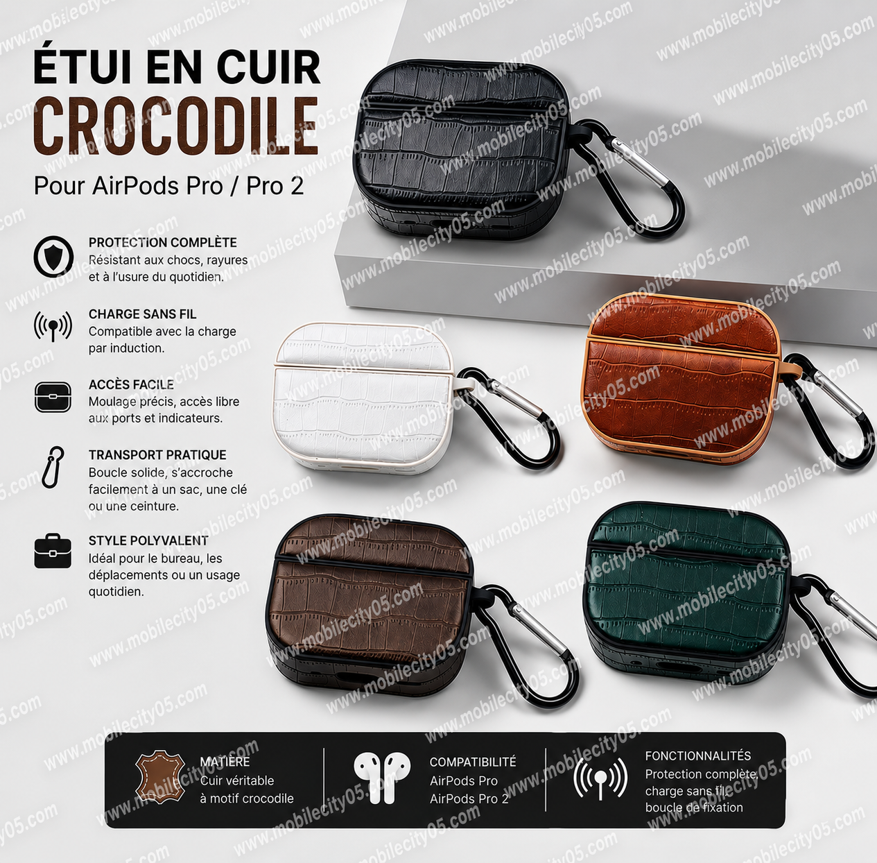 Étui à motif crocodile en cuir pour AirPods Pro / Pro 2