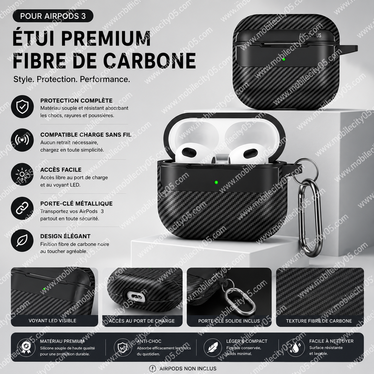 Étui compatible AirPods 3 – Texture fibre de carbone noire avec porte-clé