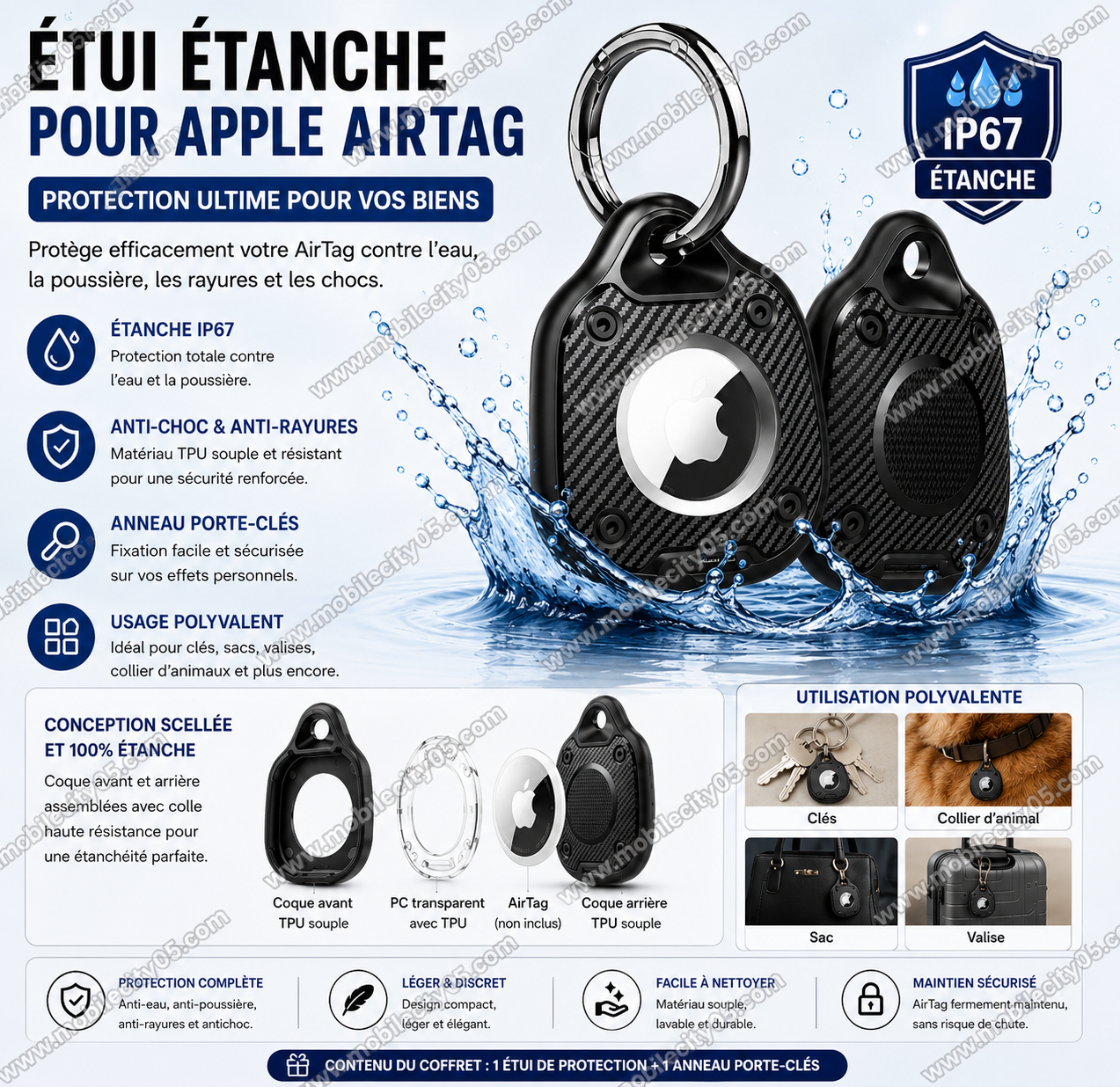 Étui étanche de protection pour Apple AirTag – Support clé / animal / sac