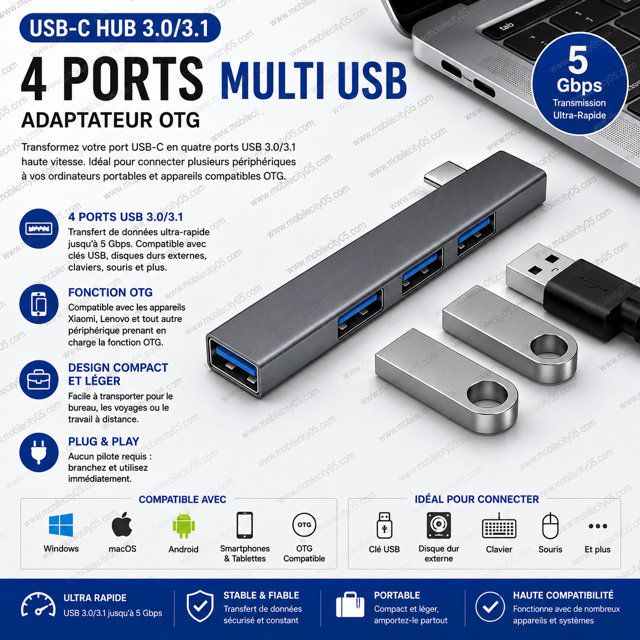 USB-C HUB 3.0/3.1 – 4 Ports Multi USB - Adaptateur OTG
