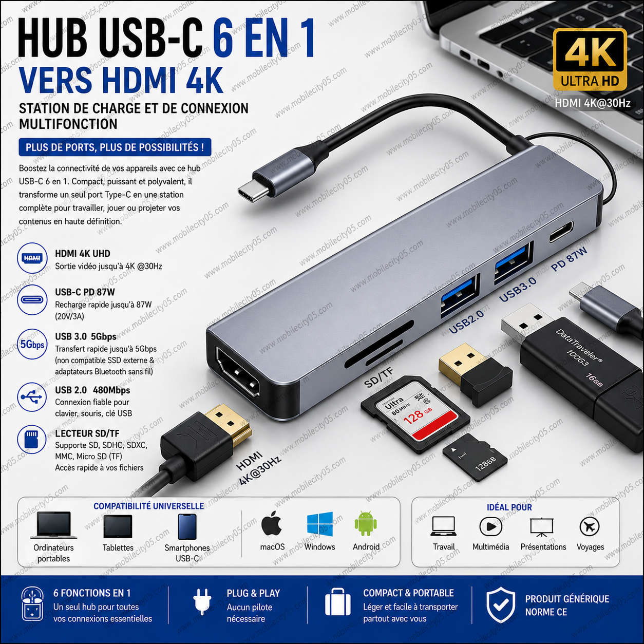 Hub USB-C 6 en 1 vers HDMI 4K