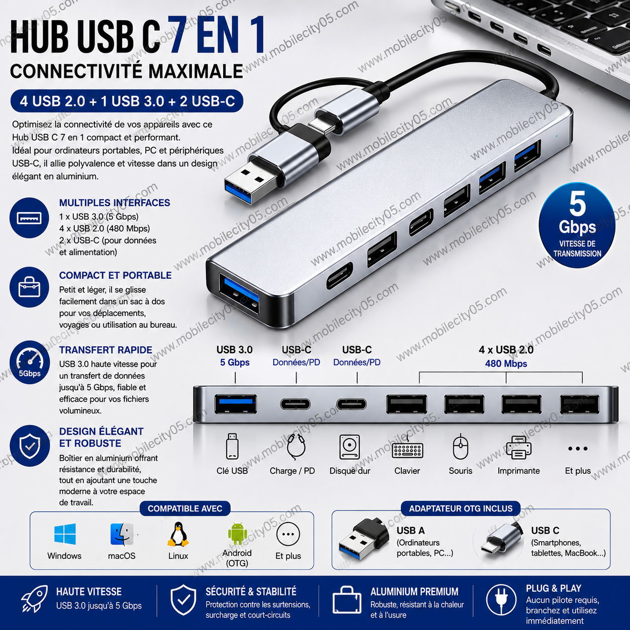 Hub USB C 7 en 1 – Aluminium, 4 USB 2.0, 1 USB 3.0 et 2 Ports USB-C