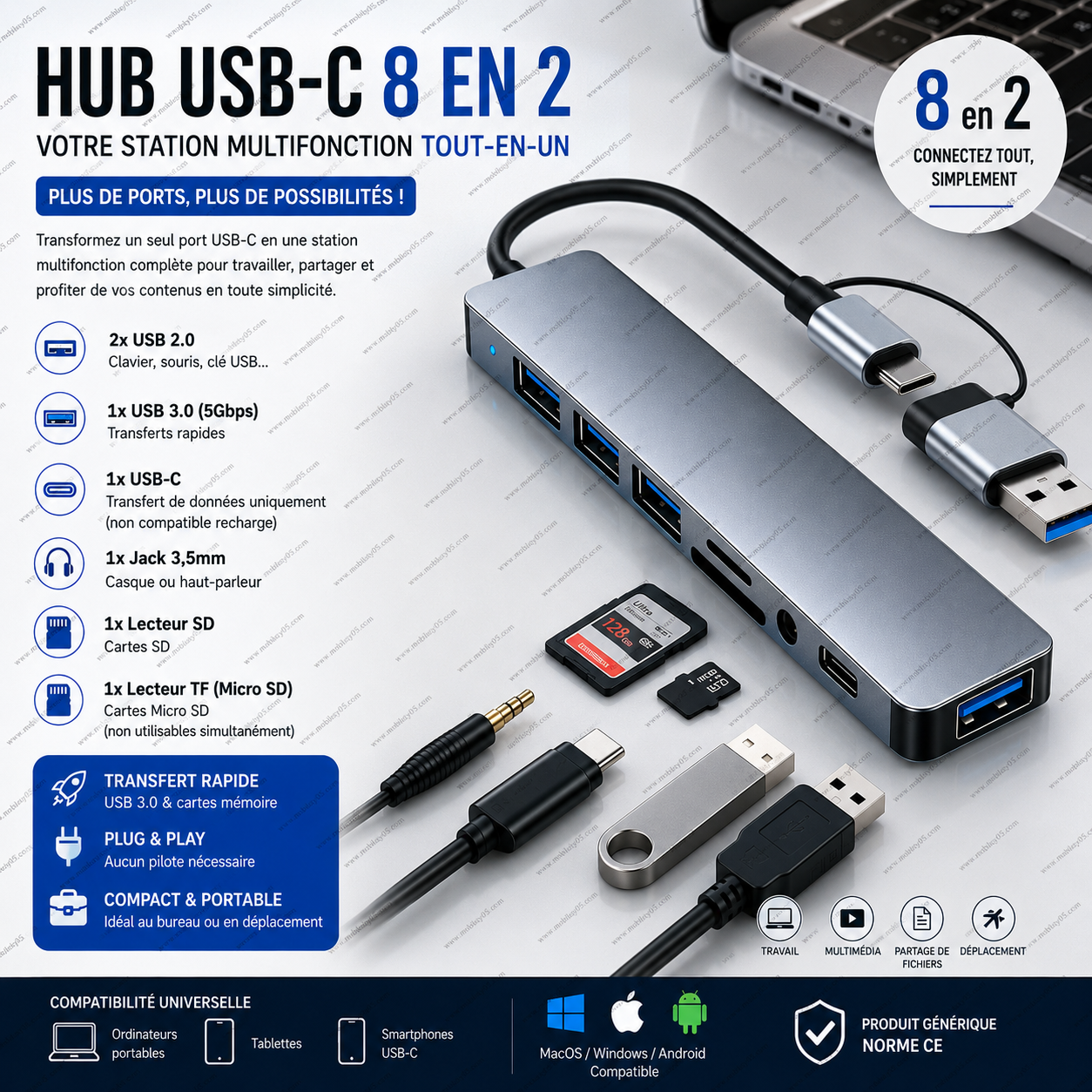 Station d’accueil HUB USB-C 8 en 2 avec prise audio 3,5mm & lecteur de carte