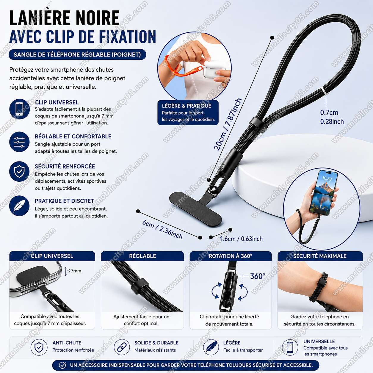 Lanière noir avec Clip de Fixation – Sangle de Téléphone Réglable (Poignet)