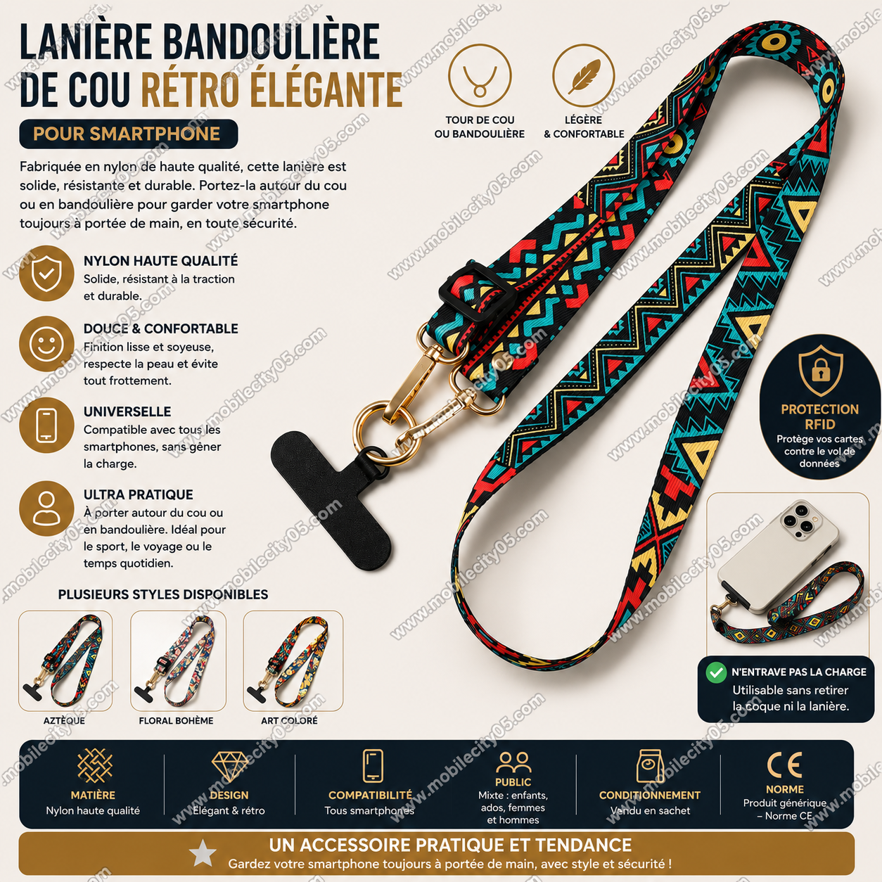 Lanière Bandoulière de Cou Rétro Élégante pour Smartphone