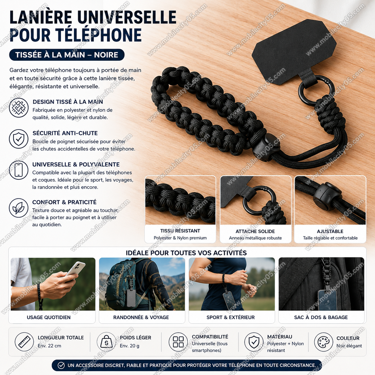 Lanière Universelle Noire pour Téléphone – Tissée à la Main